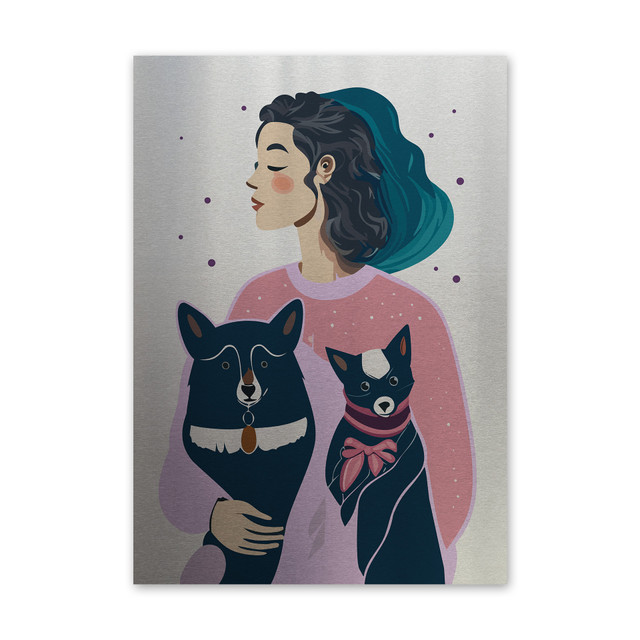 Plakat metalowy, grafika, kobieta kot pies, 30 cm x 42 cm, srebrny