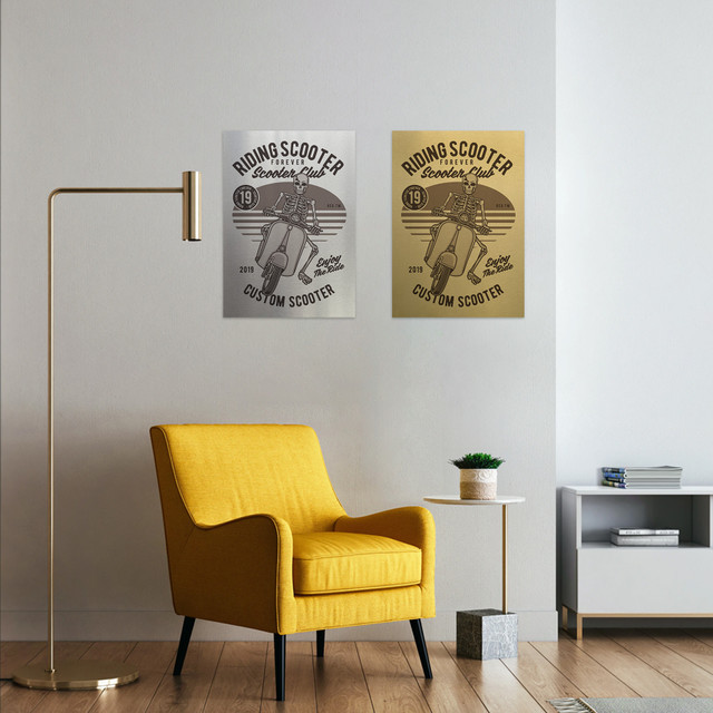 Plakat metalowy, retro, kościotrup skuter, 30 cm x 42 cm, złoty