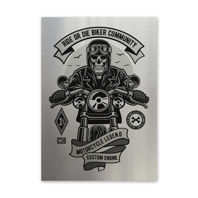 Plakat metalowy, retro, kościotrup motocyklista, 30 cm x 42 cm, srebrny
