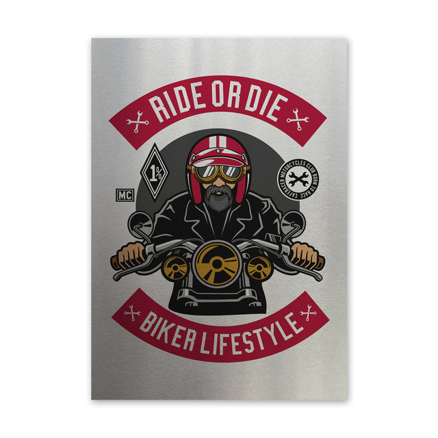 Plakat metalowy, retro, motocyklista, 30 cm x 42 cm, srebrny
