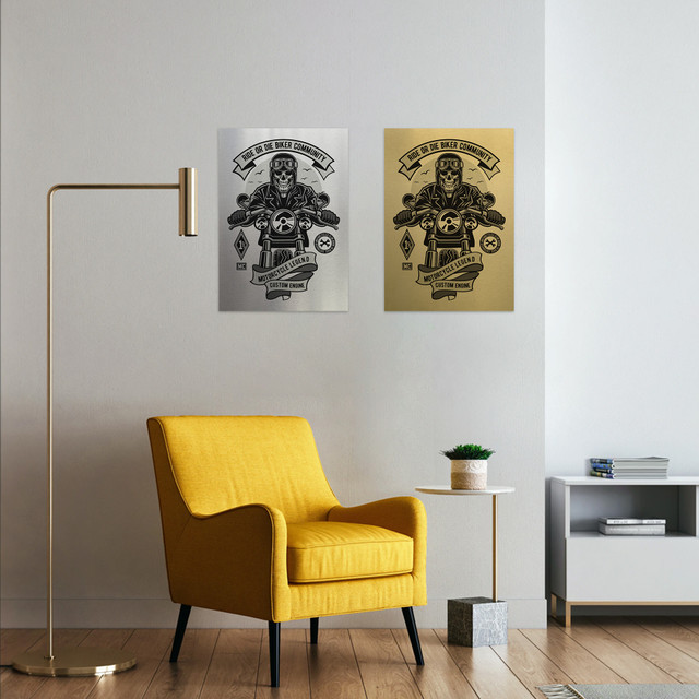 Plakat metalowy, retro, kościotrup motocyklista, 30 cm x 42 cm, złoty