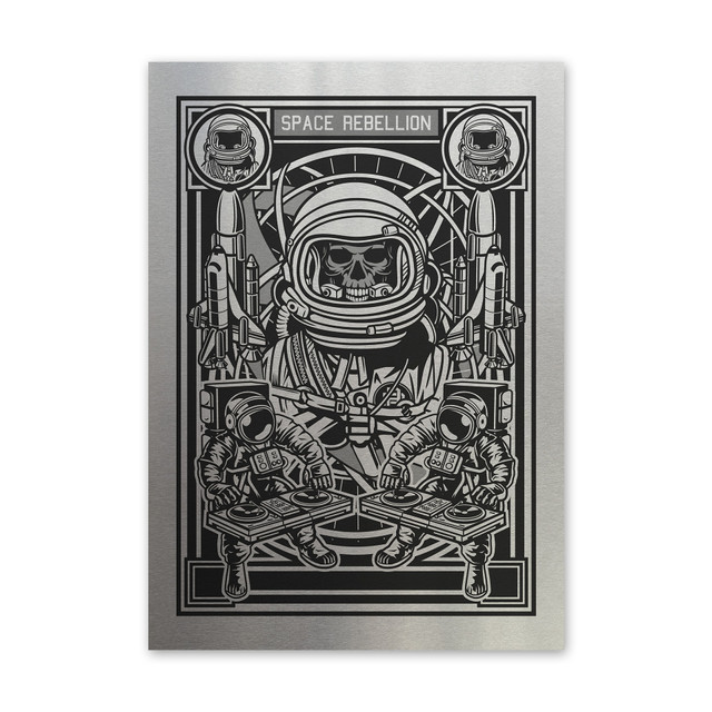 Plakat metalowy, retro, kościotrup astronauta DJ, 30 cm x 42 cm, srebrny