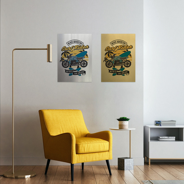 Plakat metalowy, retro, motocykl wakacje, 30 cm x 42 cm, złoty
