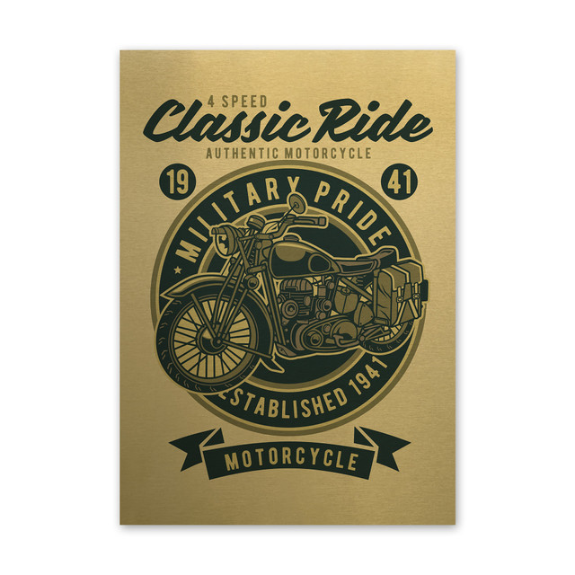 Plakat metalowy, retro, motocykl wojskowy, 30 cm x 42 cm, złoty