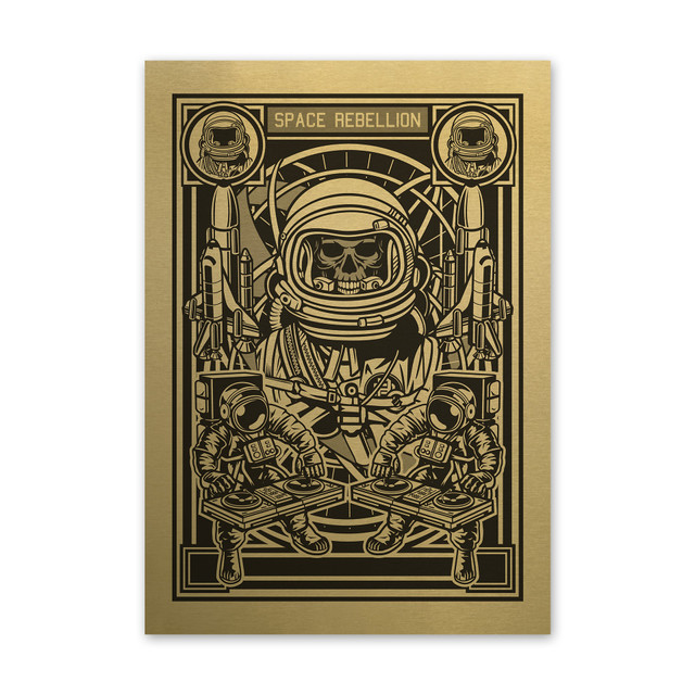 Plakat metalowy, retro, kościotrup astronauta DJ, 30 cm x 42 cm, złoty