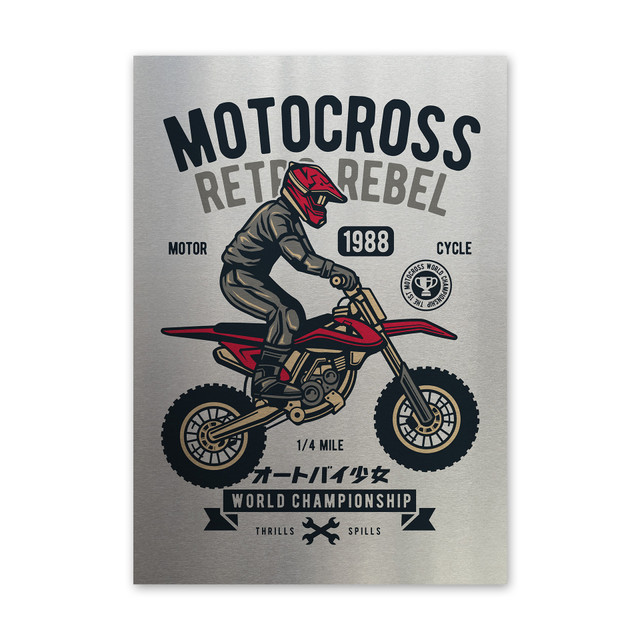 Plakat metalowy, retro, motocyklista motocross, 30 cm x 42 cm, srebrny