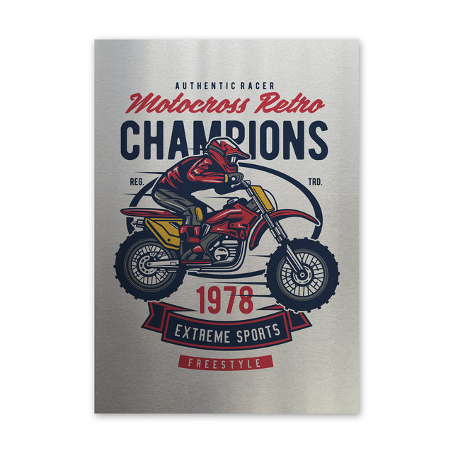 Plakat metalowy, retro, motocyklista motocross, 30 cm x 42 cm, srebrny