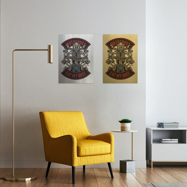 Plakat metalowy, retro, kościotrup motocross, 30 cm x 42 cm, złoty