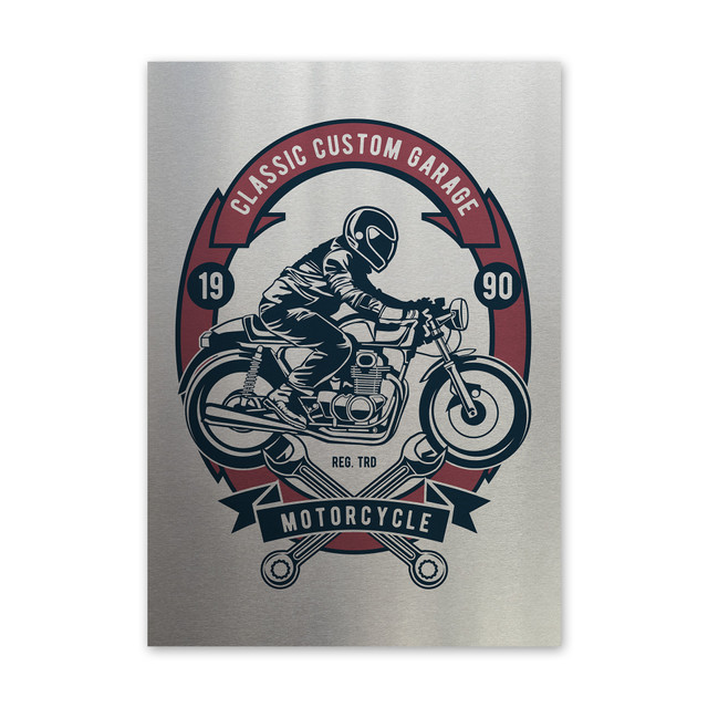 Plakat metalowy, retro, motocyklista, 30 cm x 42 cm, srebrny