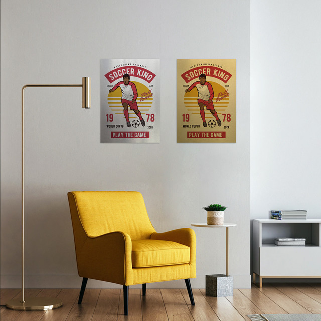 Plakat metalowy, retro, piłka nożna piłkarz, 30 cm x 42 cm, złoty
