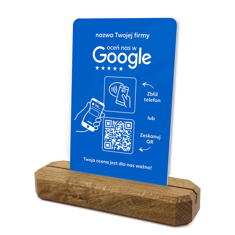 Stojak, prezenter z QR i NFC do zbierania opinii w Google, nazwa firmy, podkład dębowy, niebieski klasyczny