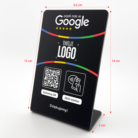 Stojak, prezenter gięty z QR, NFC i logo firmy do zbierania opinii w Google, czarny, wzór 1