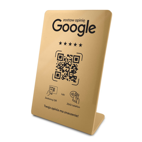 Stojak, prezenter gięty z QR i NFC do zbierania opinii w Google, złoty, wzór 4