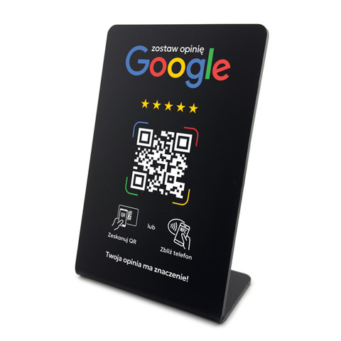 Stojak, prezenter gięty z QR i NFC do zbierania opinii w Google, czarny, wzór 4