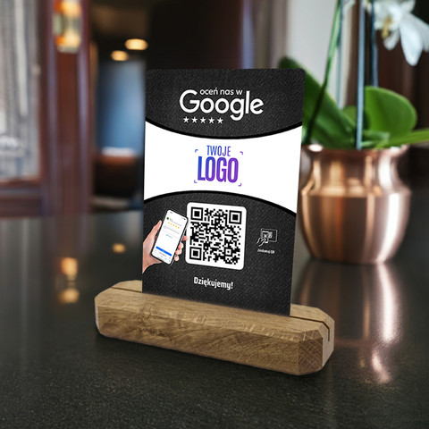 Stojak, metalowa karta z QR i Twoim logo do zbierania opinii w Google, podkład dębowy, czarna