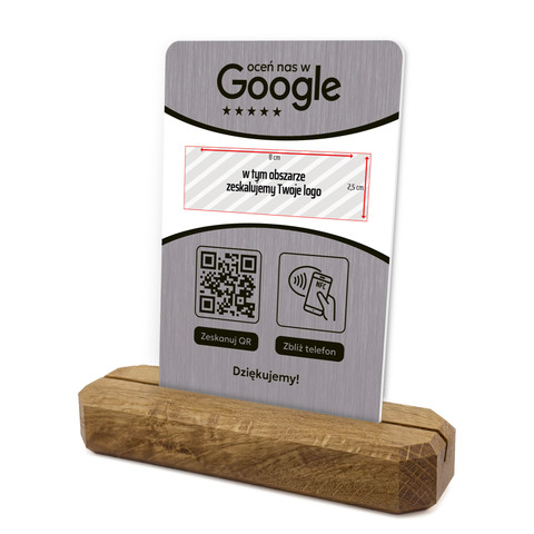 Stojak, prezenter z QR, NFC i logo firmy do zbierania opinii w Google, podstawa drewniana, szary