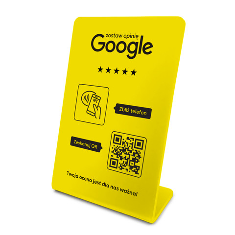 Stojak, prezenter gięty z QR i NFC do zbierania opinii w Google, żółty, wzór 2