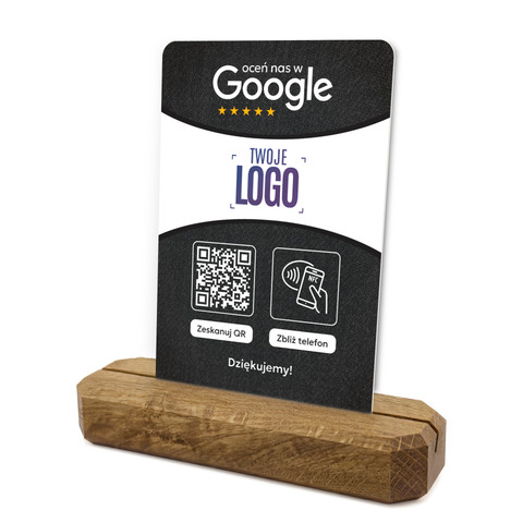 Stojak, prezenter z QR, NFC i logo firmy do zbierania opinii w Google, podkład dębowy, czarny