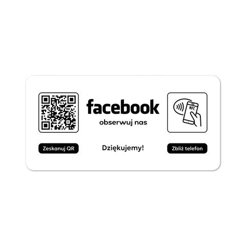 Tabliczka na drzwi lub ścianę z kodem QR i tagiem NFC do pozyskiwania obserwujących Facebook, biała
