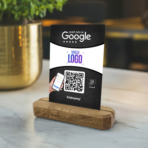 Stojak, metalowa karta z QR i Twoim logo do zbierania opinii w Google, podkład dębowy, czarna