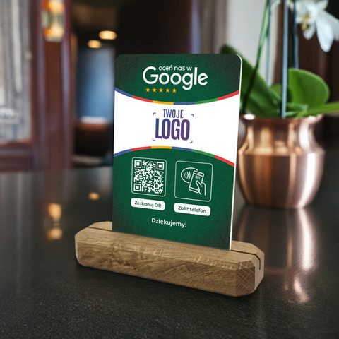 Stojak, prezenter z QR, NFC i logo firmy do zbierania opinii w Google, podkład dębowy, zielony