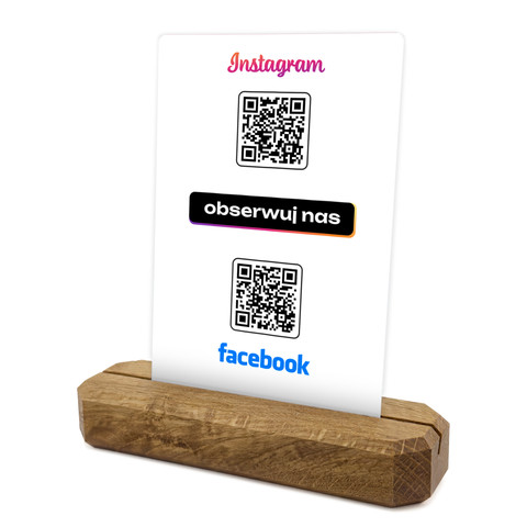 Stojak, karta z podwójnym kodem QR do pozyskiwania obserwujących Instagram i Facebook, podkład dębowy, biała