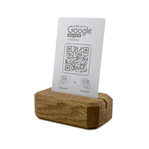 Mini stojak, plastikowa karta z QR i NFC do zbierania opinii, oceń nas w Google, podkład dębowy, biała