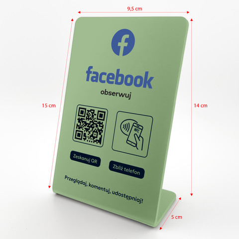 Stojak, prezenter gięty z QR i NFC do pozyskiwania obserwujących Facebook, oliwkowy, wzór 1