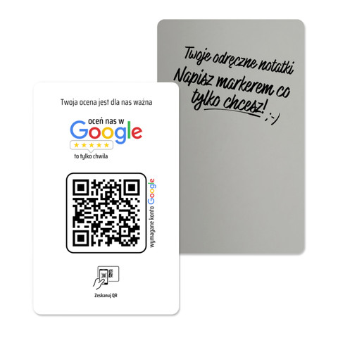 Mała metalowa karta z QR do zbierania opinii w Google, wizytówka, biała