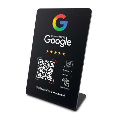Stojak, prezenter gięty z QR i NFC do zbierania opinii w Google, czarny, wzór 3