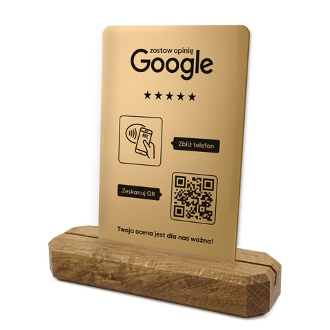 Stojak, prezenter z QR i NFC do zbierania opinii w Google, podstawa drewniana, złoty, wzór 2