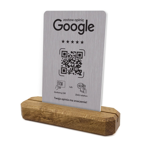 Stojak, prezenter z QR i NFC do zbierania opinii w Google, podstawa drewniana, szary, wzór 4