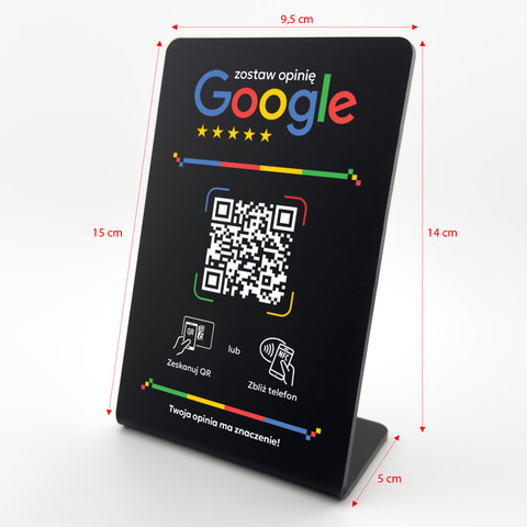 Stojak, prezenter gięty z QR i NFC do zbierania opinii w Google, czarny, wzór 2