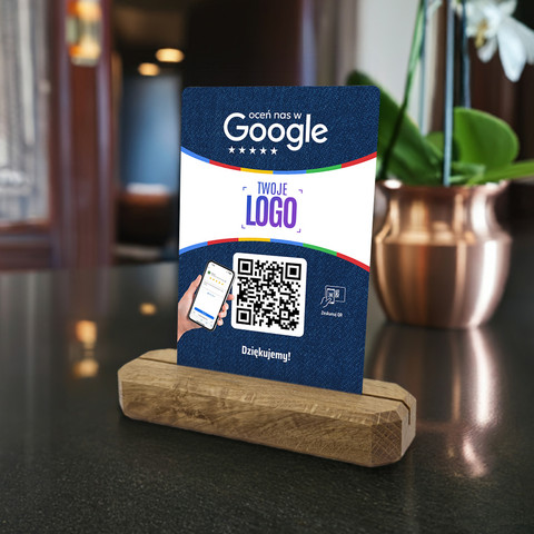 Stojak, metalowa karta z QR i Twoim logo do zbierania opinii w Google, podkład dębowy, niebieska