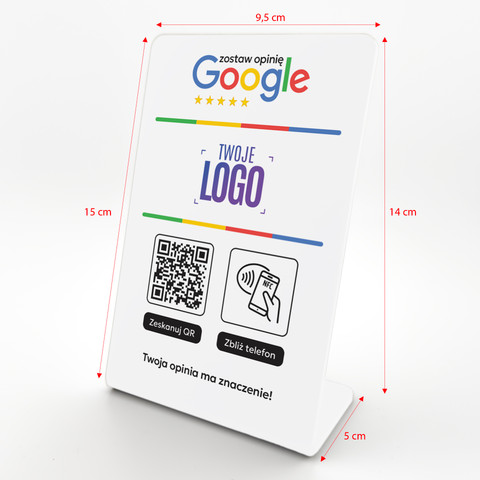 Stojak, prezenter gięty z QR, NFC i logo firmy do zbierania opinii w Google, biały, wzór 3
