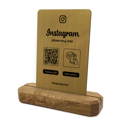 Stojak, karta z QR i NFC do pozyskiwania obserwujących Instagram, podkład dębowy, złota