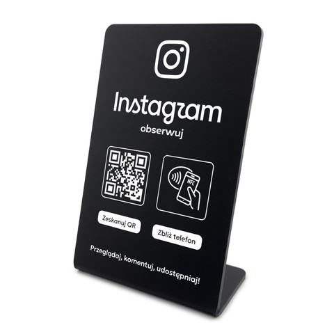Stojak, prezenter gięty z QR i NFC do pozyskiwania obserwujących Instagram, czarny, wzór 1