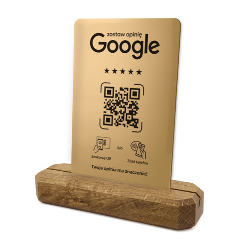 Stojak, prezenter z QR i NFC do zbierania opinii w Google, podstawa drewniana, złoty, wzór 4