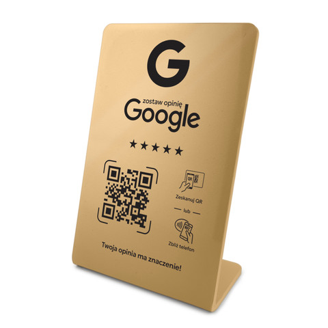 Stojak, prezenter gięty z QR i NFC do zbierania opinii w Google, złoty, wzór 3