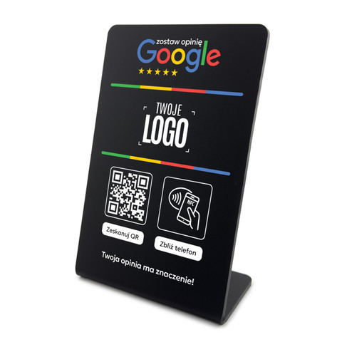 Stojak, prezenter gięty z QR, NFC i logo firmy do zbierania opinii w Google, czarny, wzór 3