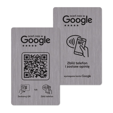 Plastikowa karta, wizytówka z kodem QR i tagiem NFC do zbierania opinii w Google, szara
