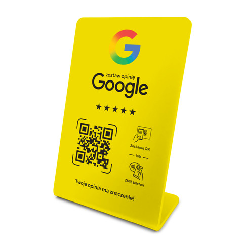 Stojak, prezenter gięty z QR i NFC do zbierania opinii w Google, żółty, wzór 3