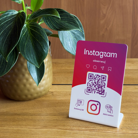 Stojak, prezenter gięty z QR i NFC do pozyskiwania obserwujących Instagram, biały, wzór 2