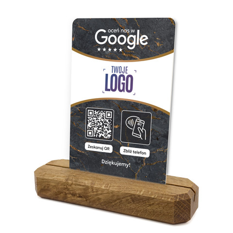 Stojak, prezenter z QR, NFC i logo firmy do zbierania opinii w Google, podkład dębowy, ciemny marmur