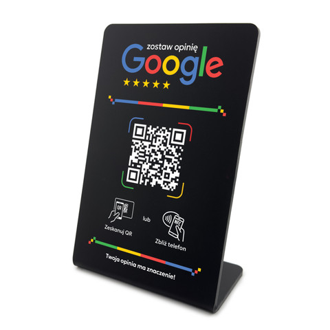 Stojak, prezenter gięty z QR i NFC do zbierania opinii w Google, czarny, wzór 2