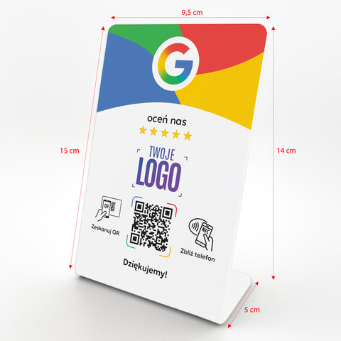 Stojak, prezenter gięty z QR, NFC i logo firmy do zbierania opinii w Google, biały, wzór 2