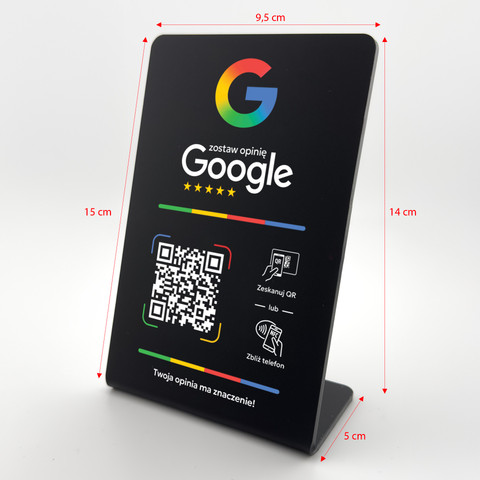 Stojak, prezenter gięty z QR i NFC do zbierania opinii w Google, czarny, wzór 3