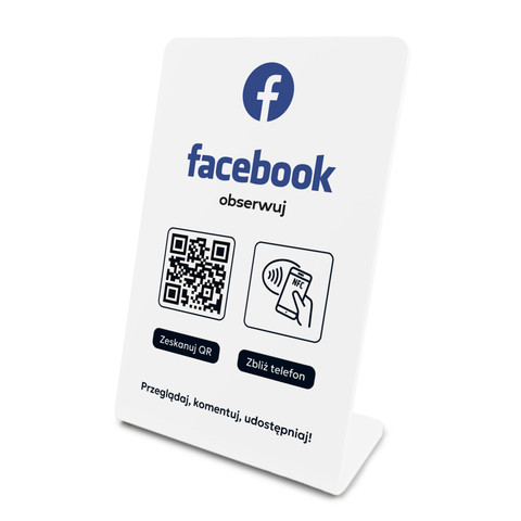 Stojak, prezenter gięty z QR i NFC do pozyskiwania obserwujących Facebook, biały, wzór 1