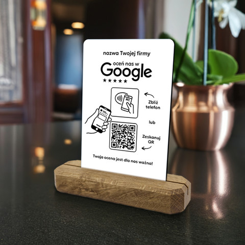 Stojak, prezenter z QR i NFC do zbierania opinii w Google, nazwa firmy, podkład dębowy, biały klasyczny