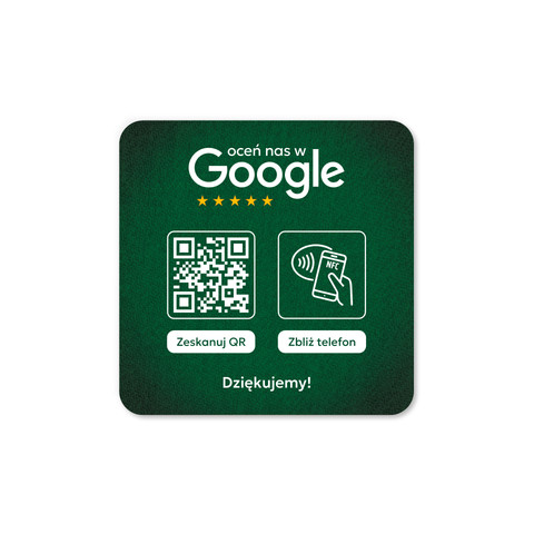 Podkładka na blat lub ladę z kodem QR i tagiem NFC do zbierania opinii w Google, zielona
